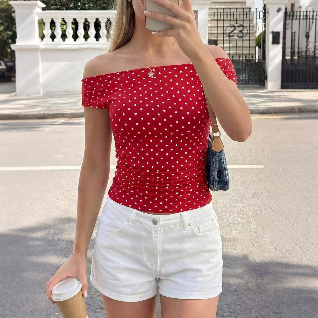 Women’s Off Shoulder Polka Dot Slim Fit Top Casual Short Sleeve Stretchy Blouse for Summer Fashion and Everyday Wear