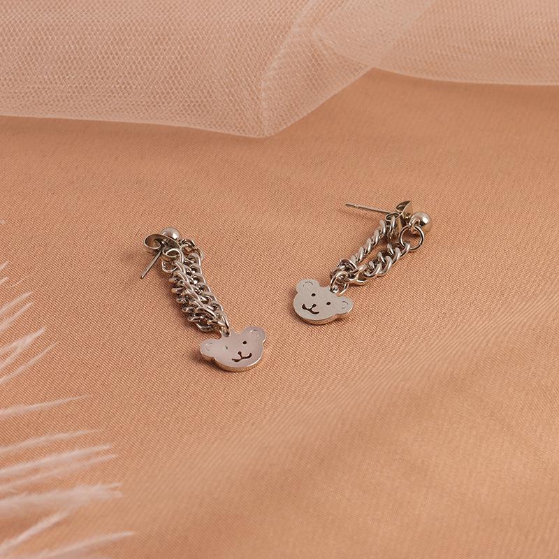 925 Sterling Silver Bear Chain Stud Earrings for Women - Korean Style, Simple & Sweet Niche Design 