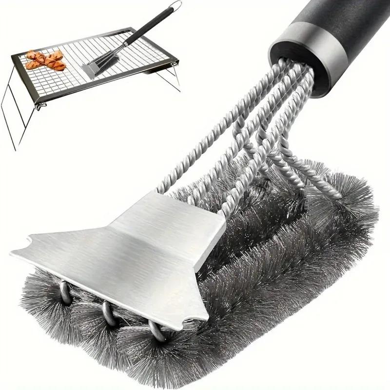 1pcs Wire Bristles BBQ Brush and Scraper Triple Scrubber Safe Efficient Grill Clean Brush for Outdoor Barbecue Essential Tools
