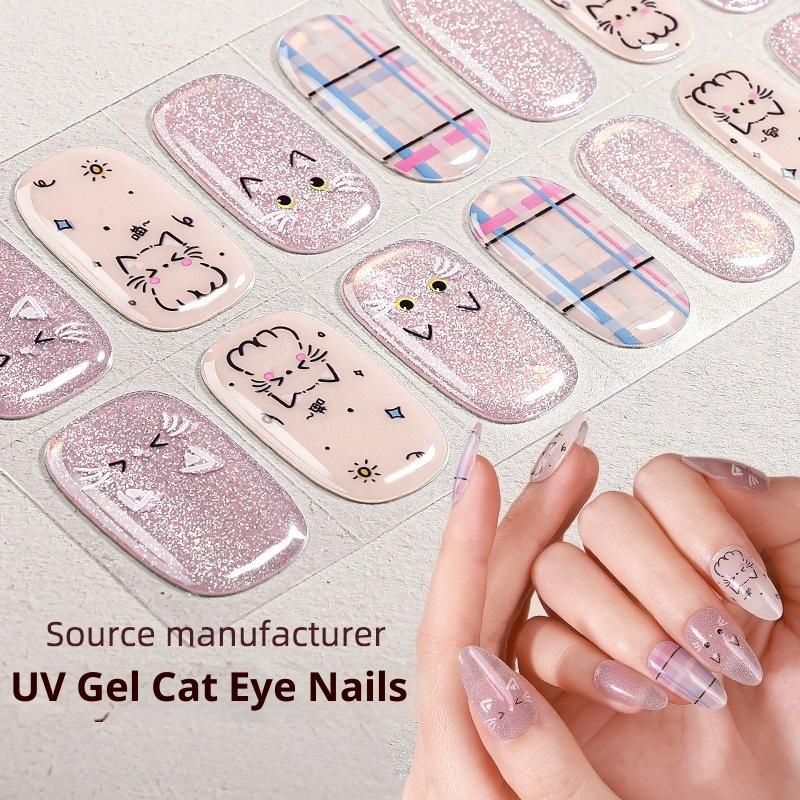 Flashing Light Bulbs, Spotlight Cat-eye Gel Nail Stickers, Butterfly Checkered Pattern, Semi-cured UV Nail Stickers