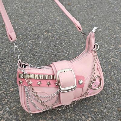 Y2K Style Small Shoulder Bag with Magnetic Closure, Polyester Lining, Chain Strap, Punk-Inspired Design, Pastel Pink Color