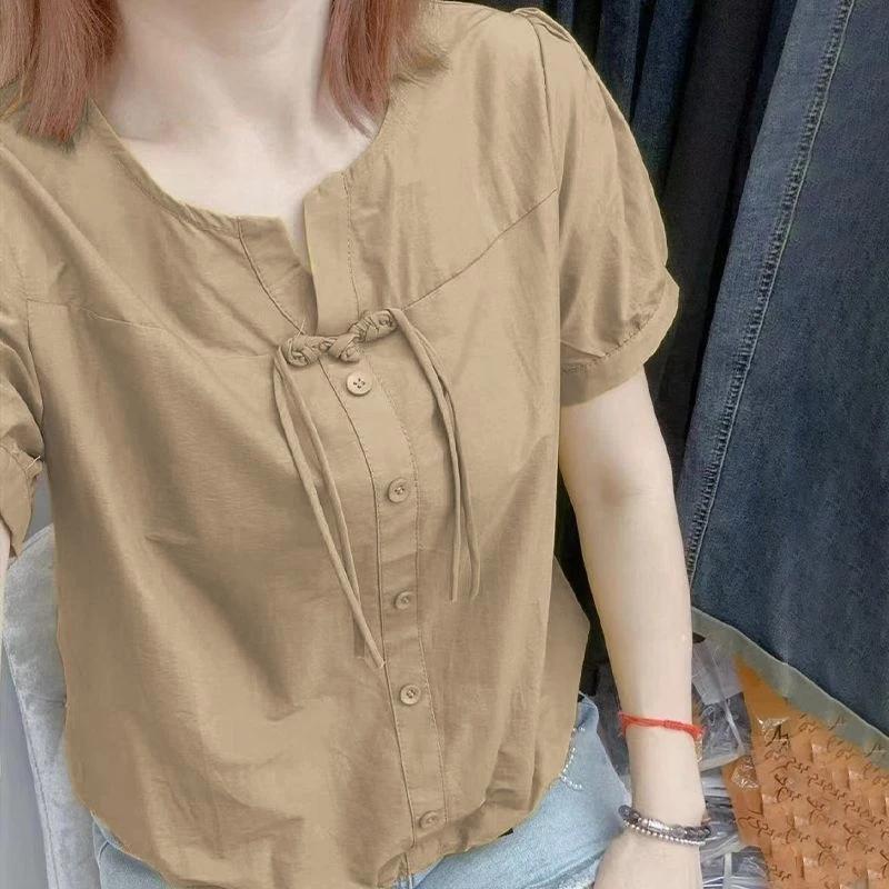Chemise d'été pour femme, design fin, style chinois, manches courtes, couleur unie, blouse ample