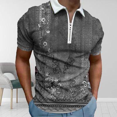 Rahat Yaka T-shirt Genç erkek Moda Fermuar kısa kollu tişört erkek 3D Retro Desen Baskı T Gömlek