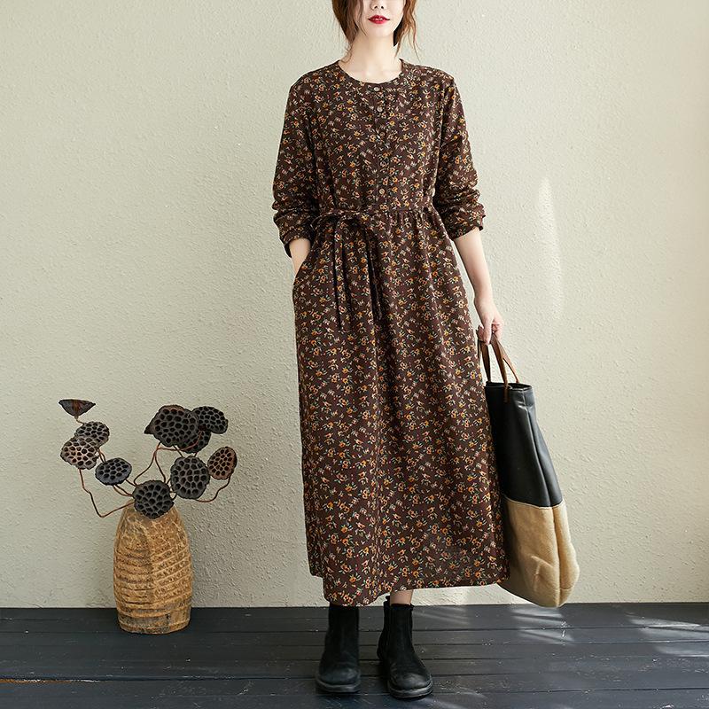 Women Vintage Floral Print Cotton Linen Midi Dress O‑Neck Long Sleeve A‑Line Loose Plus Size Casual Dress 2025 Spring Autumn D037‑860