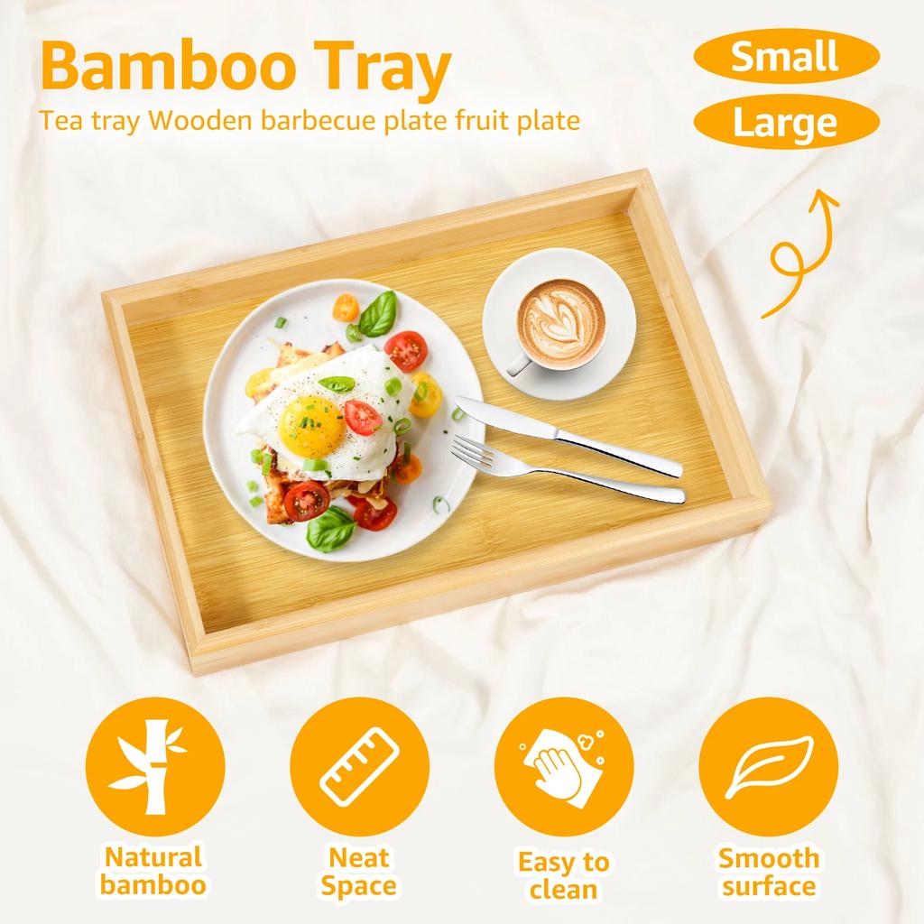 Bamboo Serving Tray with Handles Modern Serving Trays Platter Solid Bamboo Rectangle Decor Platter Ergonomic Bamboo Breakfast