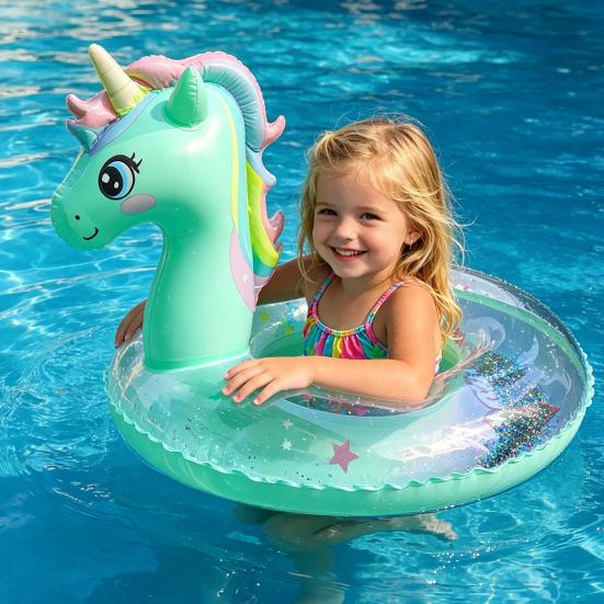 Cartoon Horse Swim Ring with Seat Handle Kids Inflatable Thickened PVC