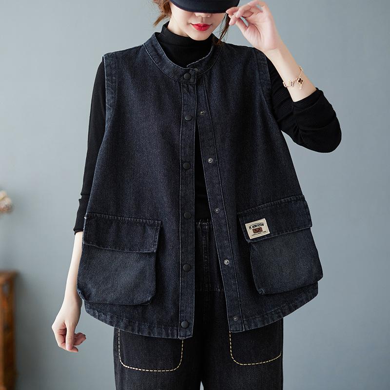 

Large Loose Fit Sleeveless Denim Vest for Spring and Autumn Medium чорний
