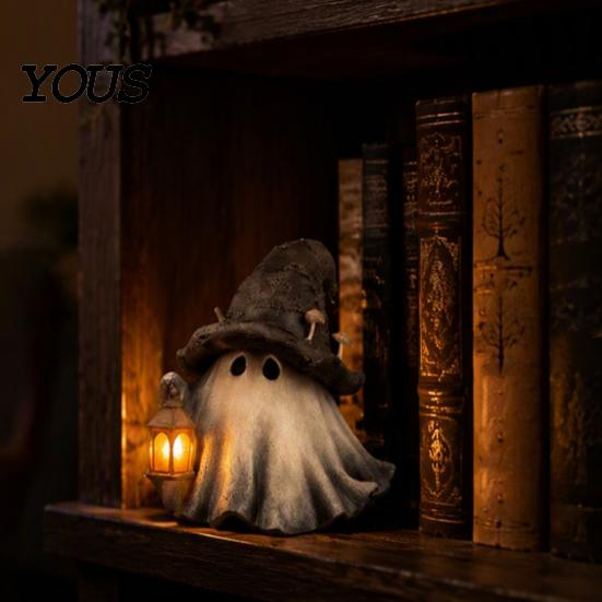 Resin Ghost Figurine Halloween Wizard Hat with LED Lighted Lantern, Vintage Collectible Fairy Tale Figure Witch Statue for Fall Tabletop