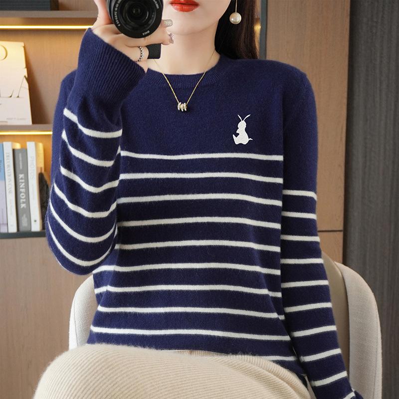 

Осень и Зима Новый Пуловер Женский Свитер с Круглым Вырезом Полосатый Вязаный Свитер Базовый Слой S темно-синий