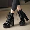 Fashion Ultra-high Heel Boots Women Round Head Thick with Waterproof Platform Lace-up Boots Patent Leather High-heeled Boots