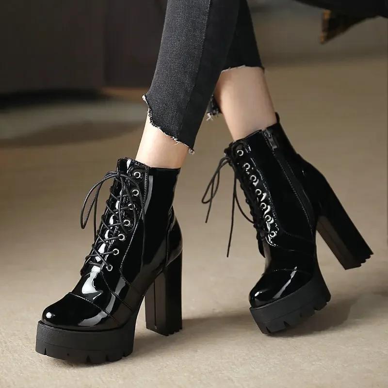 Fashion Ultra-high Heel Boots Women Round Head Thick with Waterproof Platform Lace-up Boots Patent Leather High-heeled Boots