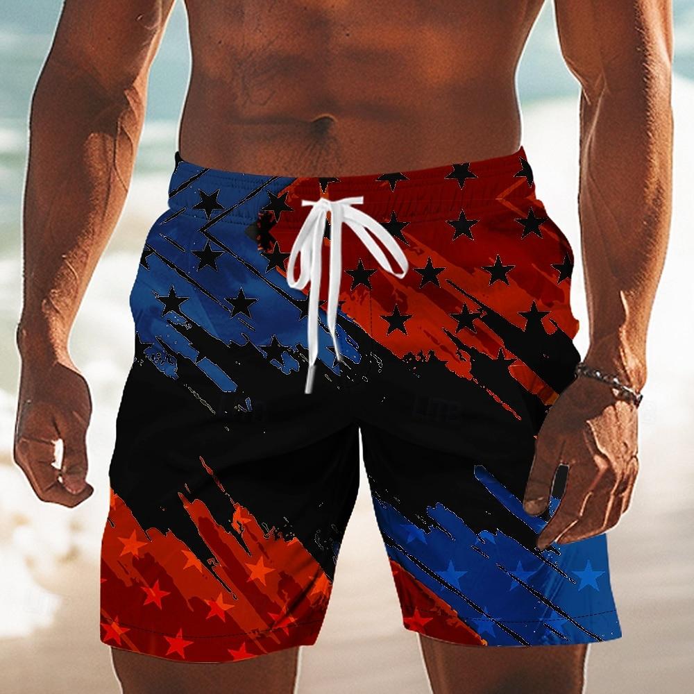 Bañador Patriótico de Diseñador para Hombre, Estampado de Bandera de EE. UU., Board Shorts de Cintura Media con Cordón para Primavera y Verano