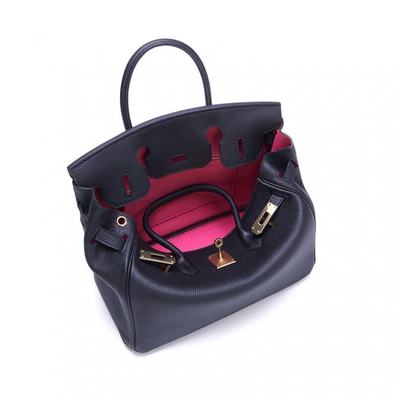 Kontrastfarbe Goldene Schnalle Pulverfarbene passende Innentasche Echte Ledertasche Klassisch Modisch Damen Rindsleder Schultertasche