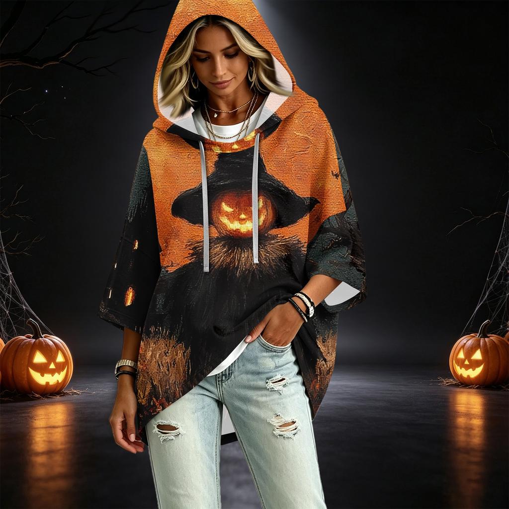 Women's Fashionable Three-Quarter-Sleeve Halloween-Printed Hooded Pullover