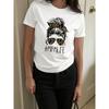 European Size Women's White Retro Leopard Print Headband & Fashion Glasses Graphic T-Shirt - Soft Breathable Short Sleeve Crew Neck Top