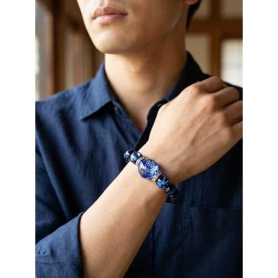 Riqueza saúde sorte Ryukyu Hotaru Azul impressionante contas de 16mm escultura dragão de cinco garras cristal lápis olho de tigre masculino pulseira de pedra de poder natural