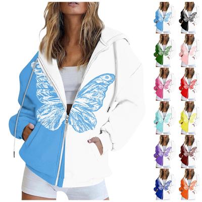 Damenmode Lässig Bedrucktes Sweatshirt Langarm Mit Tasche Strickjacke Jacke Reißverschluss Hoodie Mantel