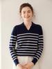 Women's Fashionable Striped Cashmere Knit Base Layer Top - Long Sleeve, Polo Collar, Soft, and Skin-Friendly.