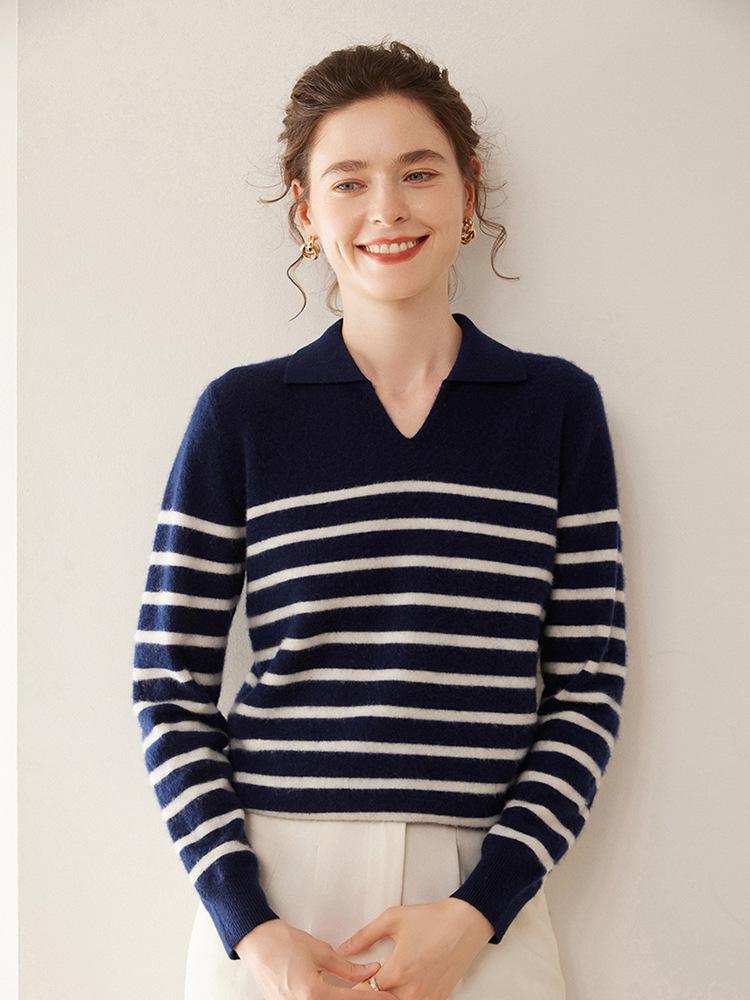 Women's Fashionable Striped Cashmere Knit Base Layer Top - Long Sleeve, Polo Collar, Soft, and Skin-Friendly.