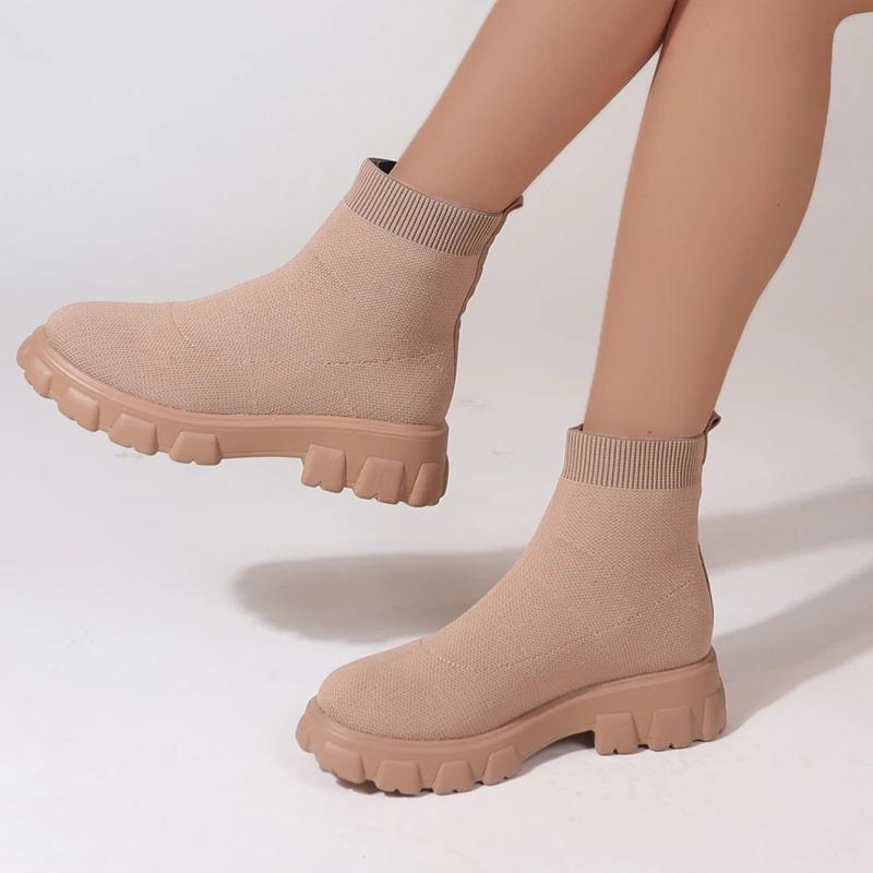 Brand Women Ankle Boots Lightweight Casual Shoes For Women Wedge Fashion Sock Boots Knitting Winter Medium Tube Platform Boot