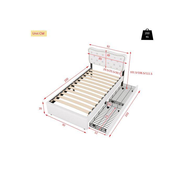 Lit - MUVOE - 90x200 cm - Beige clair - Rembourré avec tiroirs - Design élégant