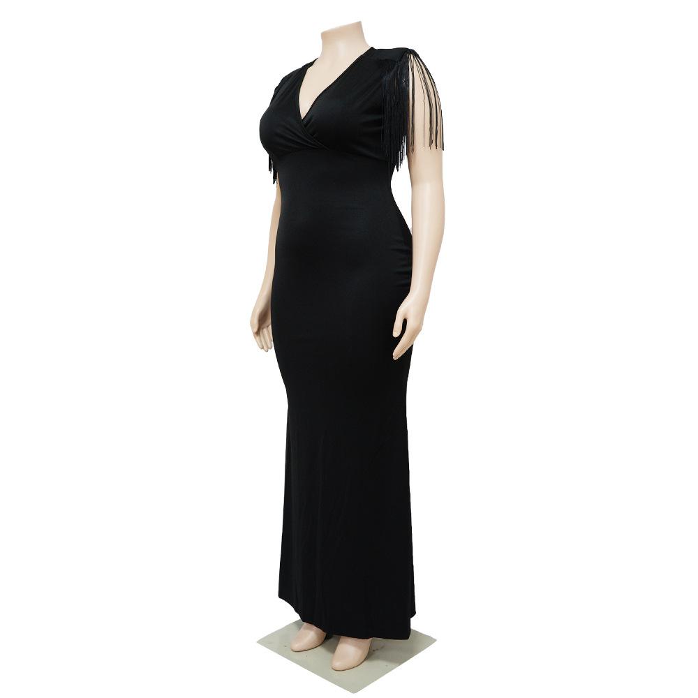 Plus Size Fringe V Neck Maxi Dress Long Sleeve Mermaid Gown Curvy Bodycon Fishtail Long Dress Sexy Tassel Shoulder Evening Party Formal Wedding Gown