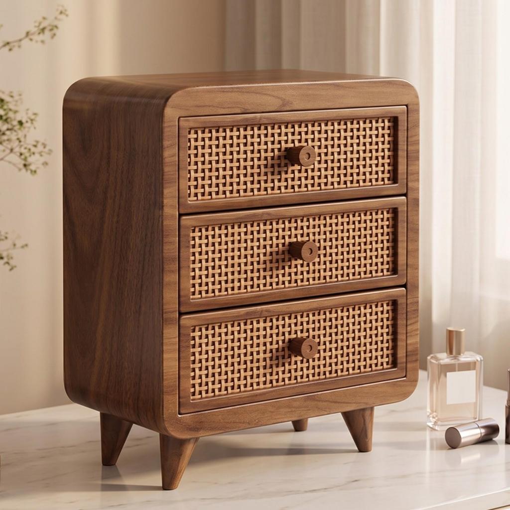 Sturdy Rattan Drawer Vanity Box | Minimalist, Walnut Finish Makeup Chest, for
