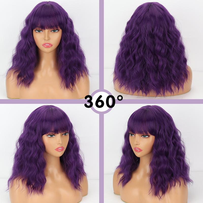 XINRAN Dark Purple Women Fashion Shoulder Length Wavy Bob Wig with Bangs Synthetic Fiber Daily Wear Cosplay Short Wavy Wig