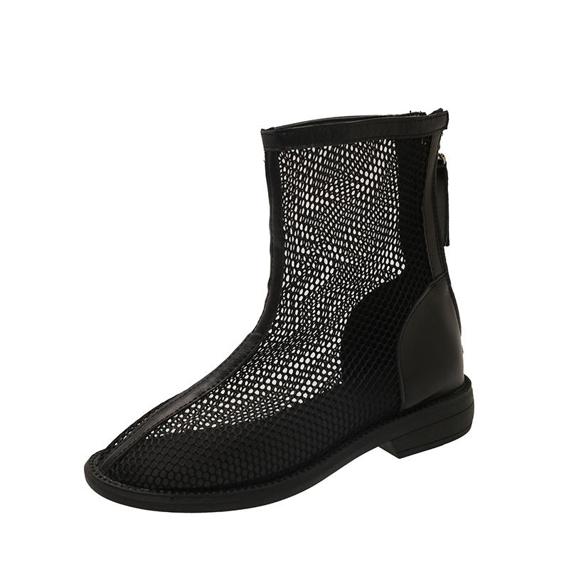 Fashion Summer New Cold Boots Women's Fashion Round Toe Mesh Cutout Breathable Rear Zipper Low Heel Tall Boots