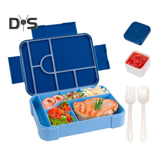 Ланч-бокс Bento герметичный с 6 отделениями ложкой вилкой соусницей контейнером для еды без бисфенола А для школьных закусок синий 1266₽