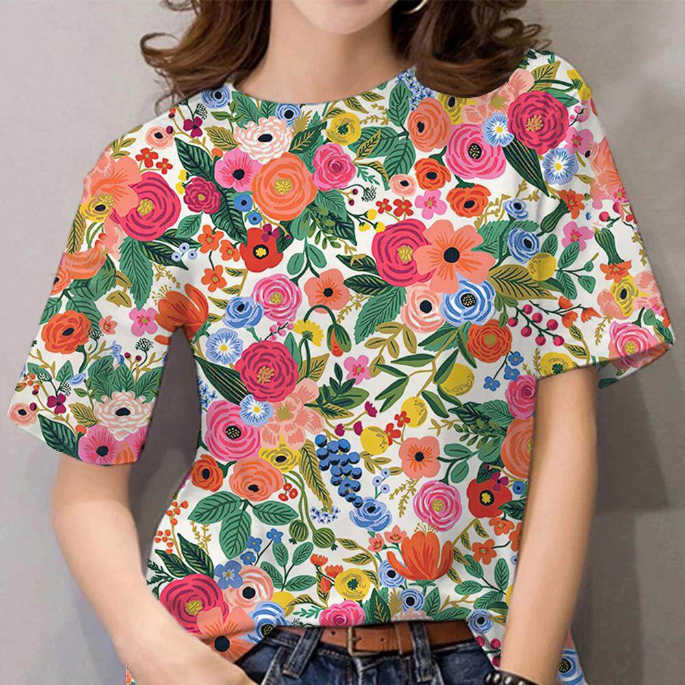 Letní dámské tričko s kulatým výstřihem, květinovým vzorem a 3D potiskem, módní, ležérní, s krátkým rukávem