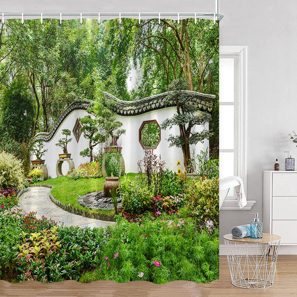 Garden Green Palnts Shower Curtains Green Leaves Chinese Garden Forest Floral Bathroom Curtains Classical Home Decor for Bath