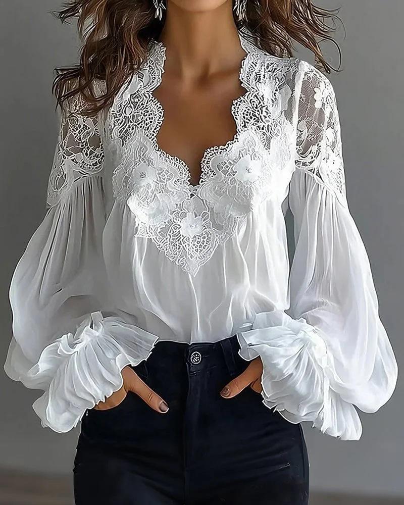 2026 Lace Patchwork Puff Sleeve Pleated Women's Shirt