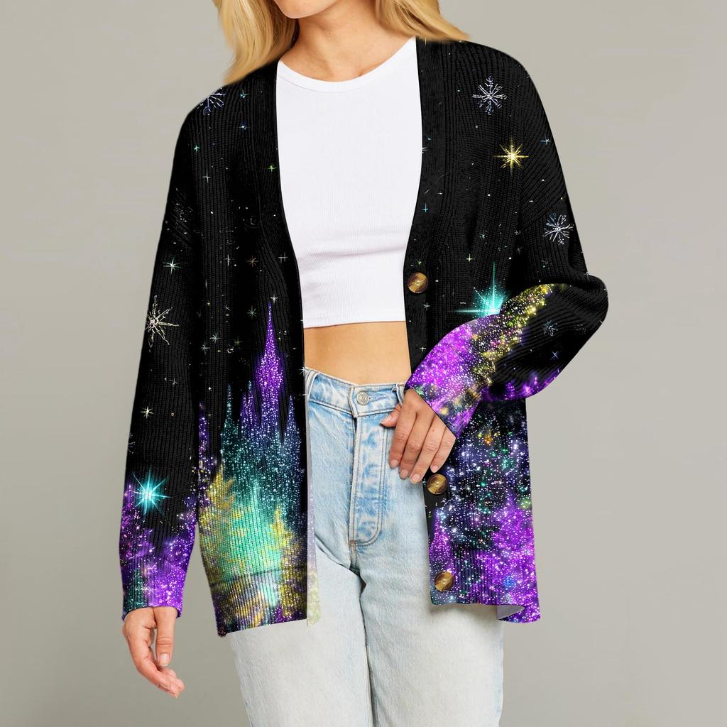 Women's Fashion Long Sleeve Christmas Print V-Neck Button Loose Cardigan Top