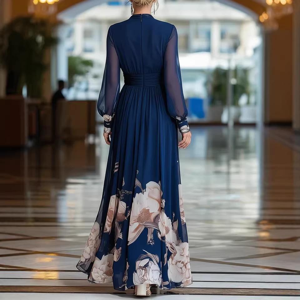 2026 Long Mesh Splicing French Slim Dress Versatile Printed Long Dress Blue Comfortable and Casual