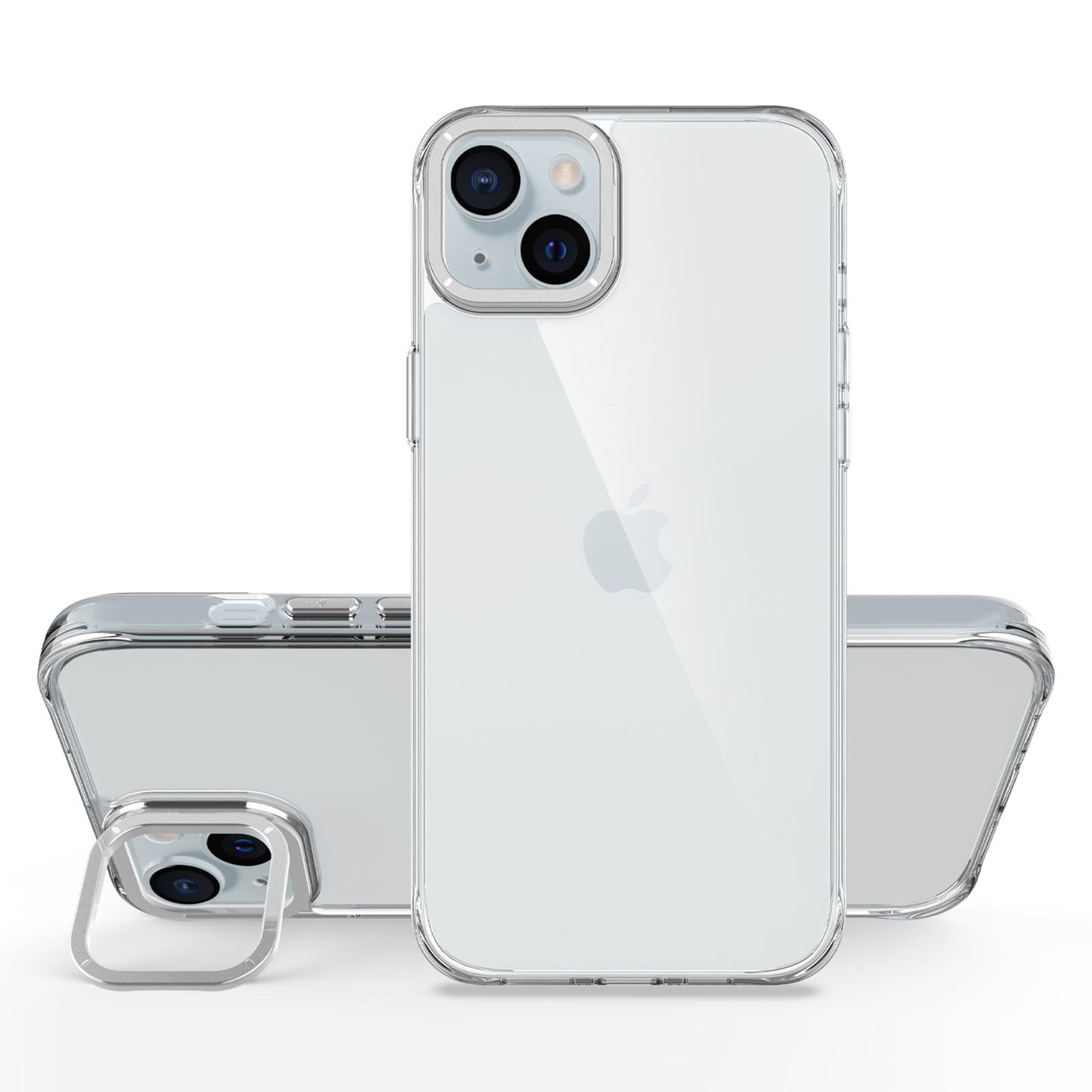 

For iPhone 15 Case Shockproof TPU+PC Phone Back Cover with Metal Lens Kickstand Silver