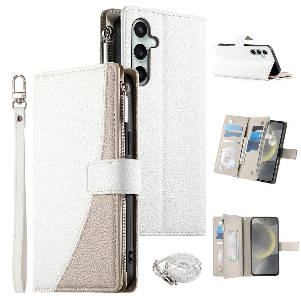 For Samsung Galaxy S24 FE Case Zipper Wallet Color Splicing Leather Flip Phone Cover with Straps