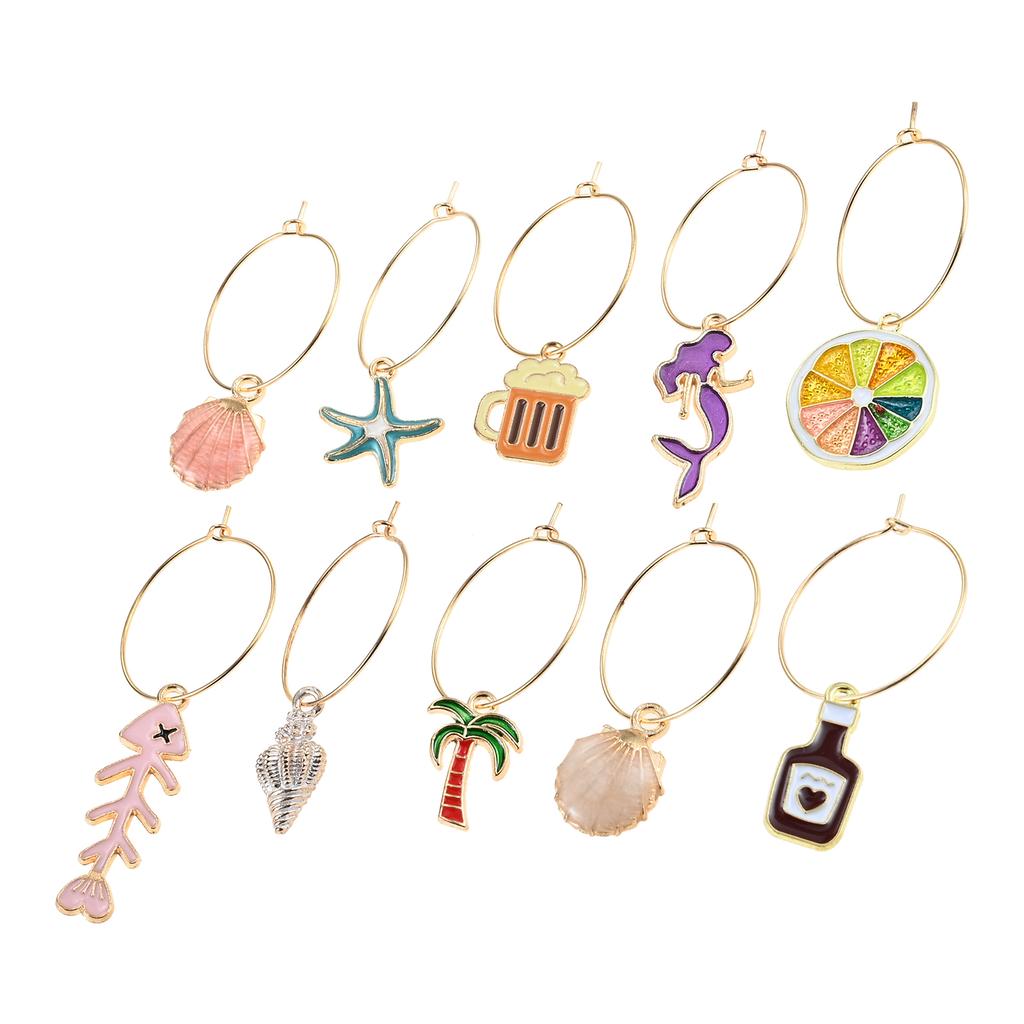 10pcs Beach Themed Wine Glass Charms for Stem Glasses Markers Drink Markers Tags Glass Identifiers for Party Weddings Home Bar