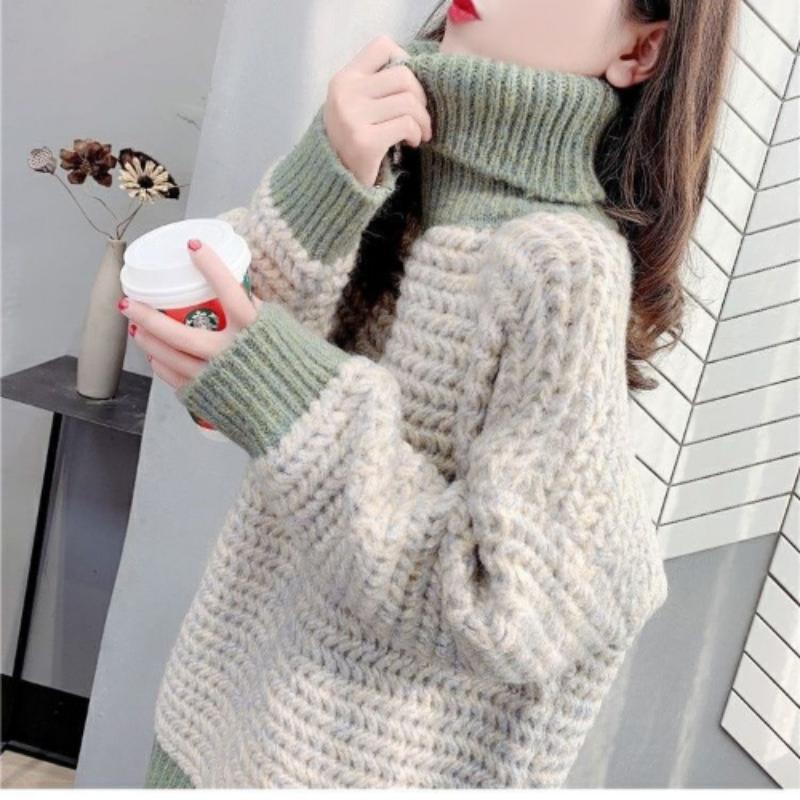 Pulover cu gât înalt pentru femei toamnă și iarnă largi purtând pulover occidentalizat coreean de lungime medie, top feminin