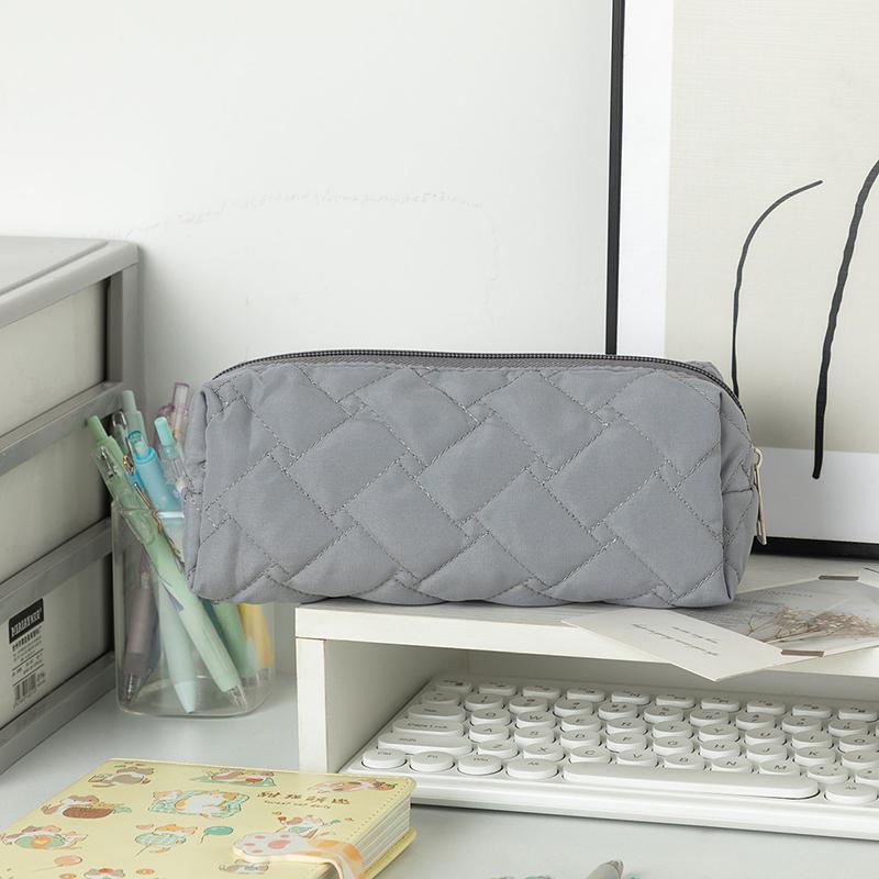 Large Capacity Pen Bag Organizer Simple Solid Color Quilted Pencil Case Cosmetic Bag Stationery Storage Pouch School Supplies