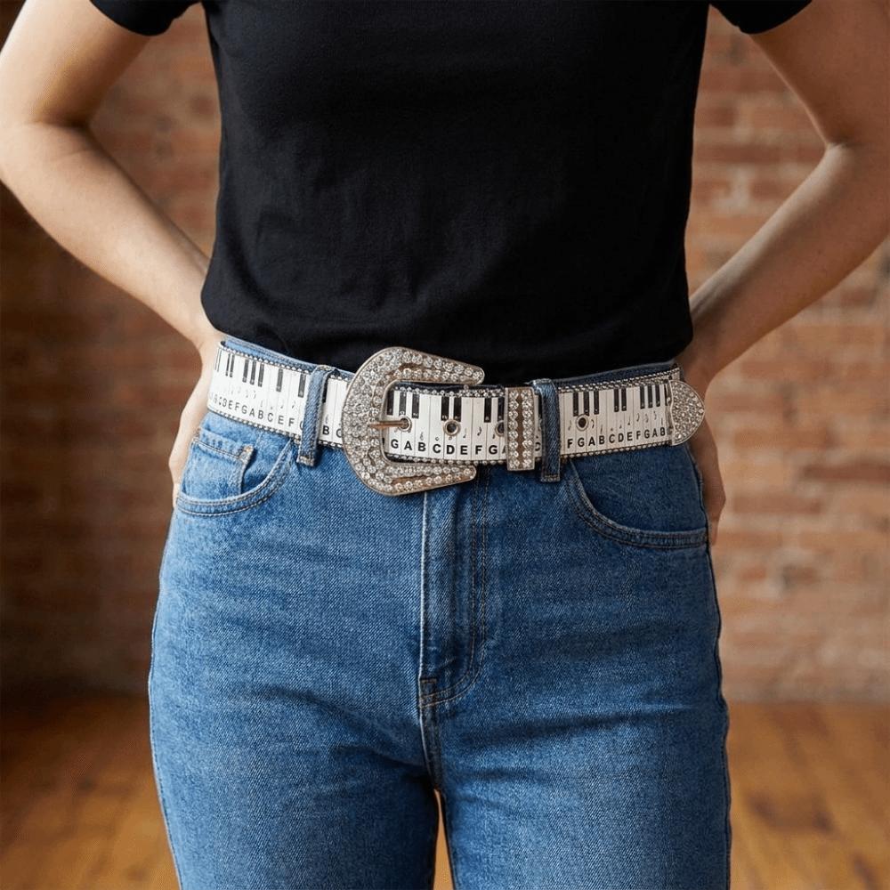 Korean Style Rhinestone Waistband Graffiti Dress Jeans Belt Piano Key Note Belt Streetwear