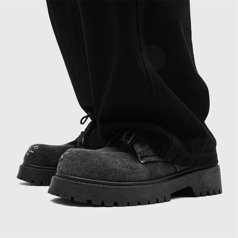 Fashion Men's Distressed Denim Platform Round Toe Derby Shoes Casual Big Head Leather Shoes Niche Avant-Garde Streetwear Shoes for Mens
