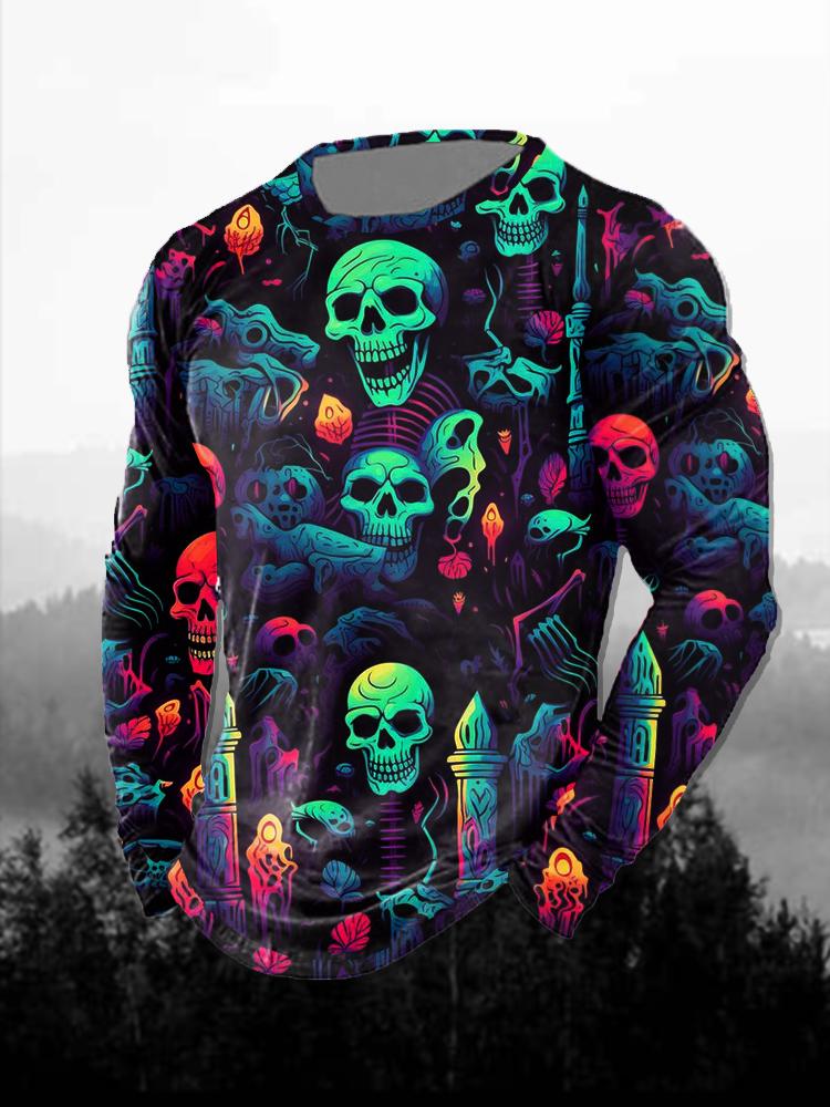Halloween Men's T-Shirts Purple Horror Pumpkin Ghosts Forest 3D Print Autumn Long Sleeve T-Shirt Casual Tops Y2k Mens Clothing