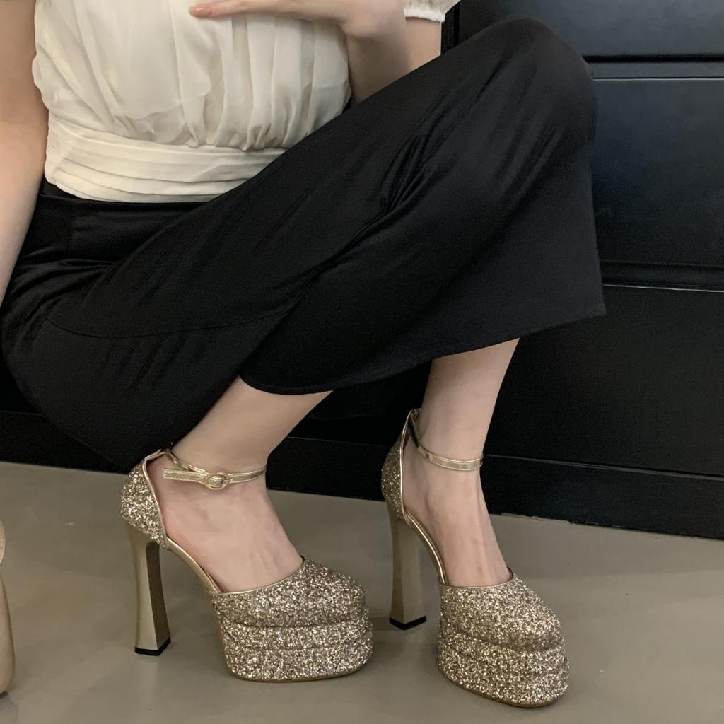 Super High Heel Waterproof Table Sandals Women Thick Heel Thick Sole Square Head Word with Mary Jane Shoes Catwalk Show Shoes Wedding Shoes Women