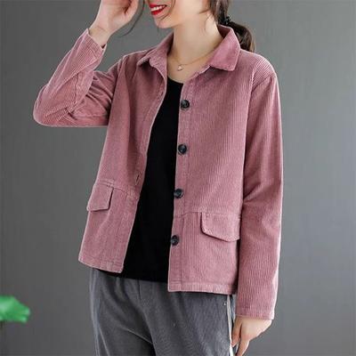 Women's Corduroy Solid Color Long Sleeve Short Jacket Loose Retro Casual Ribbed Top for Spring and Autumn