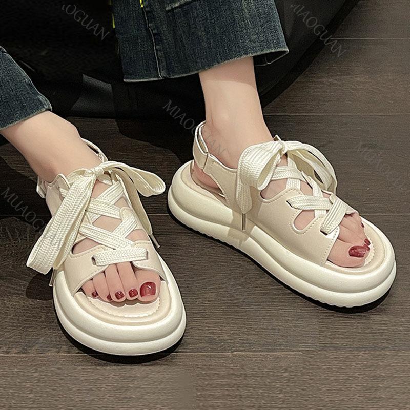 Fashion Thick Bottom Sports Sandals Women Summer Shoes Hollow Breathable Strappy Roman Shoes Beige Black Flat Leisure Soft Sole Sandales