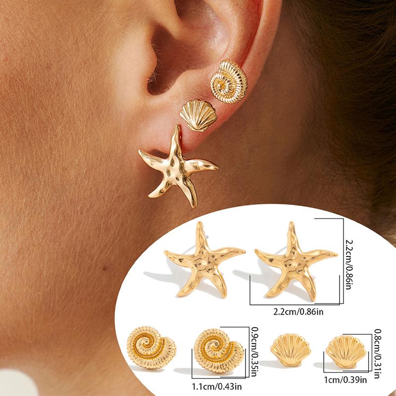 Ocean Series Flower Starfish Bow Shell C-Shaped Earrings Sets for Women Retro High-End Sweet Earrings Vacation Jewelry Accessory
