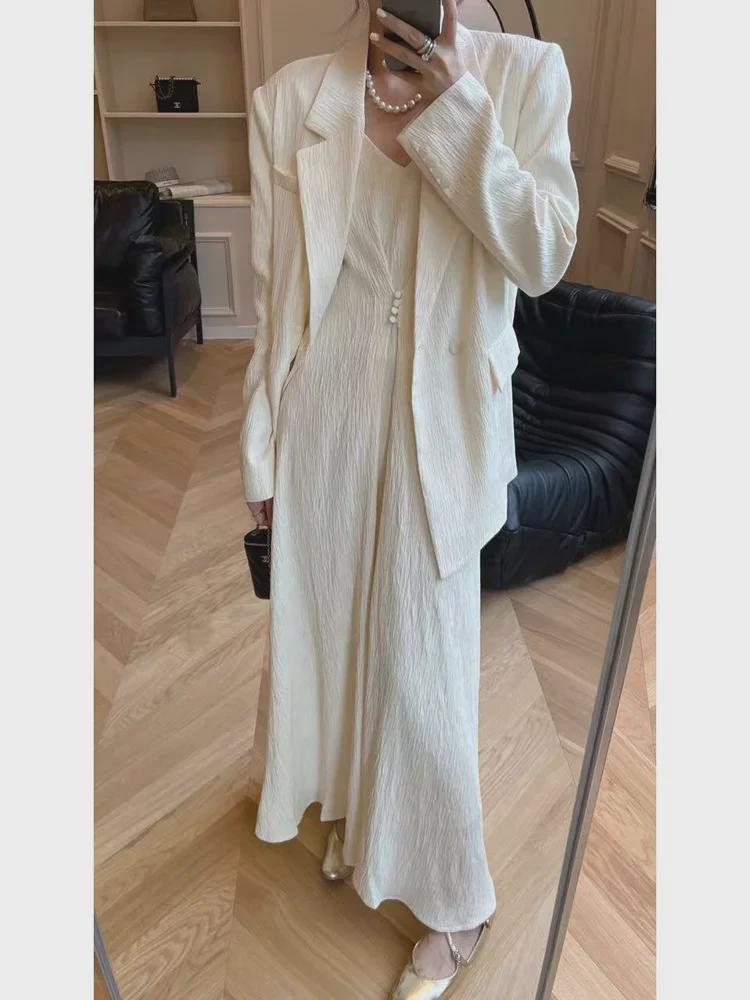 Costum de două piese pentru femei, mărime mare: Fustă lungă cu bretele și sacou pentru primăvară/toamnă