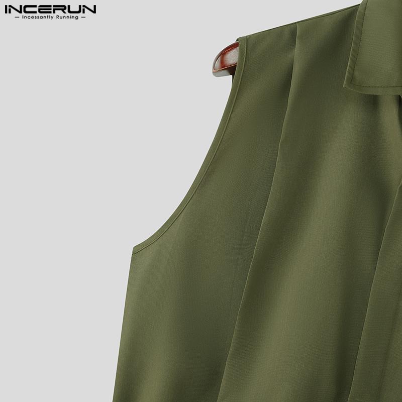 INCERUN Men Lapel Neck Sleeveless Solid Lace-up Casual Shirts Tank Tops