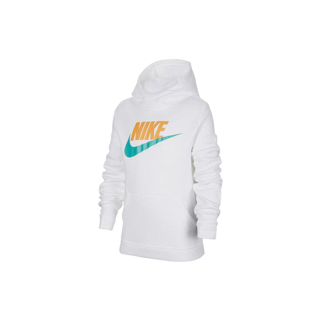 

Nike Color Block Logo Print Long Sleeve Hooded Fleece Pullover Kids tops White BV0783-100 L
